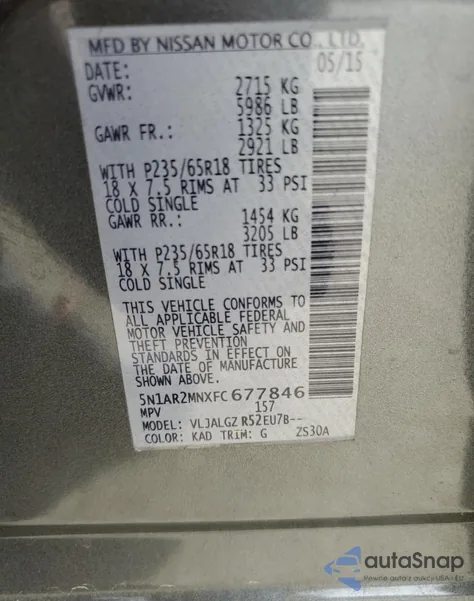 2015 Nissan Pathfinder S z USA, uszkodzony, nr VIN 5N1AR2MNXFC677846